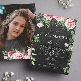 Small Rustic Chalkboard Pink Roses Photo Sweet Sixteen Invitation Front View