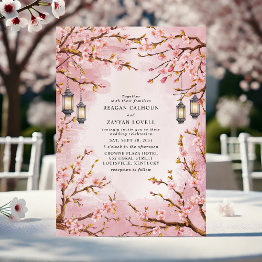 Small Rustic Cherry Blossom Lantern Wedding Invitation Front View