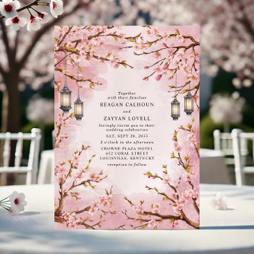 rustic cherry blossom lantern wedding invitation