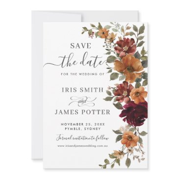 rustic chic burgundy burnt orange floral wedding save the date