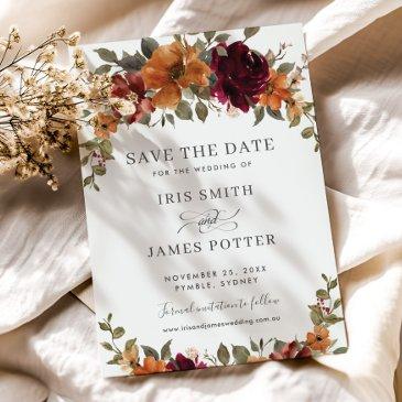 rustic chic burgundy burnt orange floral wedding save the date