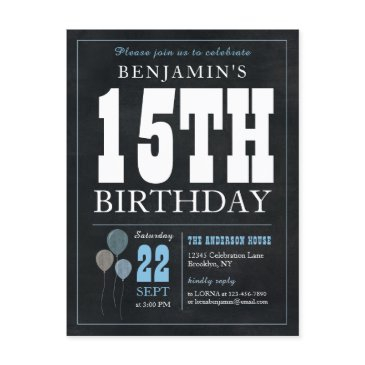 rustic chic chalkboard blue balloon 15th birthday postinvitations