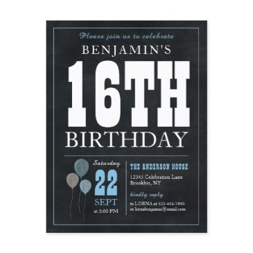 rustic chic chalkboard blue balloon 16th birthday postinvitations