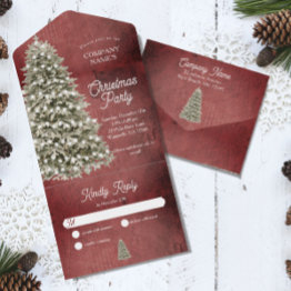 Small Rustic Christmas Tree Company Party Holiday Red All In One Invitation Front View