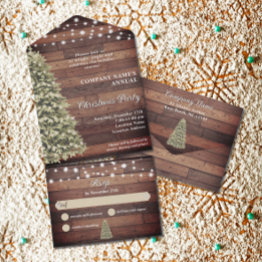Small Rustic Christmas Tree String Lights Company Party All In One Invitation Front View