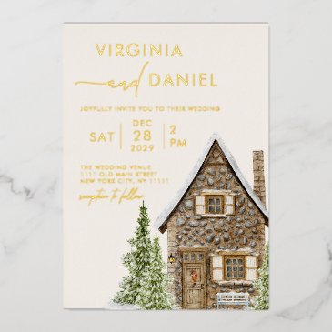 rustic cottage cabin winter holiday wedding foil invitation