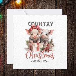 Small Rustic Country Christmas Wishes Cute Pig Holiday Invitations Front View