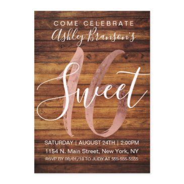 rustic country faux rose gold foil wood sweet 16 invitation