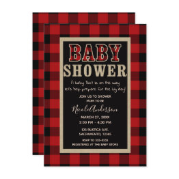 Small Rustic Country Red Black Buffalo Plaid Baby Shower Invitation Front View