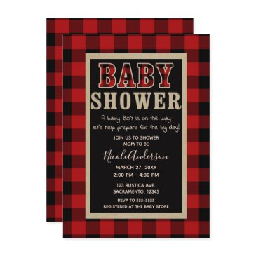 rustic country red black buffalo plaid baby shower invitation