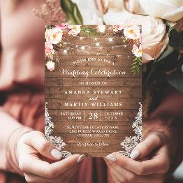 Small Rustic Country String Lights Floral Lace Wedding Invitation Front View