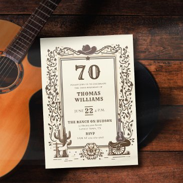 rustic cowboy country western frame 70th birthday invitation