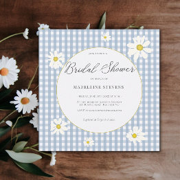 Small Rustic Daisies Dusty Blue Gingham Bridal Shower Invitation Front View