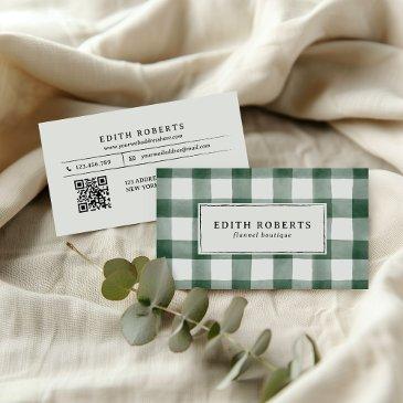 rustic dark green watercolor buffalo plaid qrcode business invitations