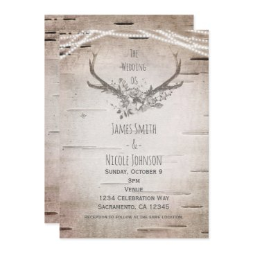 rustic deer antlers & white birch vintage wedding invitation