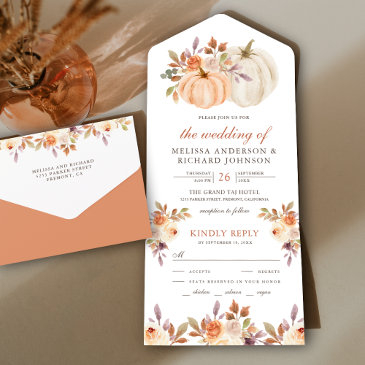 rustic earthy dusty peach floral pumpkin wedding all in one invitation