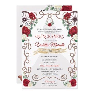 rustic elegance red rose floral charro quinceanera invitation