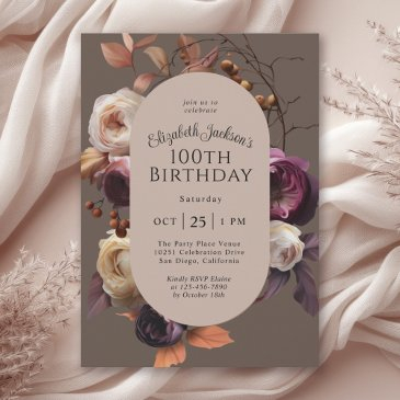 rustic elegant fall floral 100th birthday party invitation