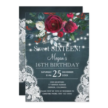 rustic elegant floral burgundy sweet sixteen invitation