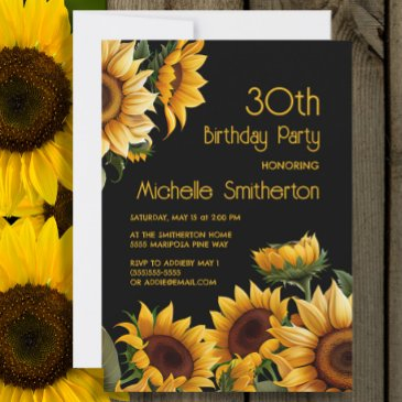 rustic elegant sunflowers black 30th birthday invitation