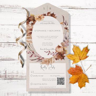 rustic fall floral & leaves qr code all in one invitation