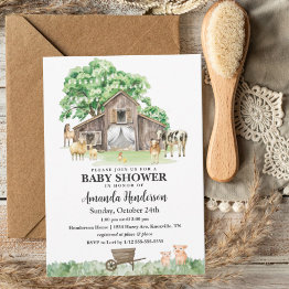 Small Rustic Farm Animal Gender Neutral Baby Shower Invitation Front View