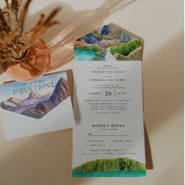 Small Rustic Glacier Lake Mountain Wedding All In One Invitation Front View