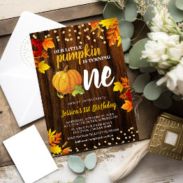 Small Rustic Glitter Pumpkin Fall Neutral 1st Birthday Invitation Front View