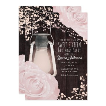 rustic glow lantern baby pink roses sweet 16 invitation