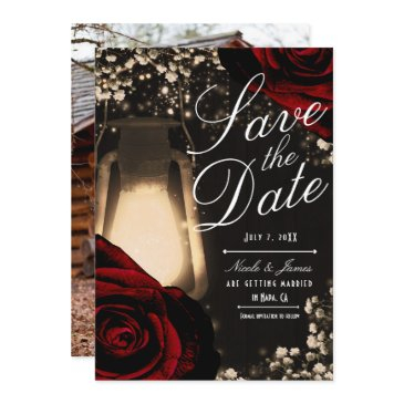 rustic glow lantern & dark red roses save the date invitation