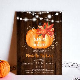 Small Rustic Gold Chic Floral Wood Lights Fall Sweet 16 Invitation Front View