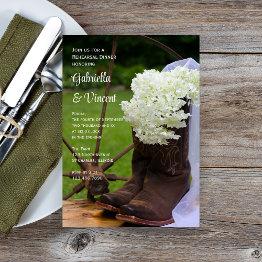 Small Rustic Hydrangea Boots Western Rehearsal Dinner Invitation Front View