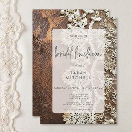 Small Rustic Leather & Bridal Lace Bridal Shower Invitation Front View