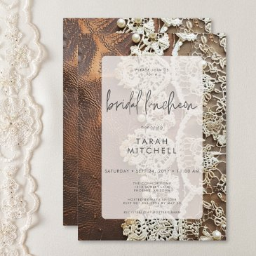 rustic leather & bridal lace bridal shower invitation