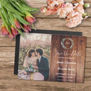 rustic leaves on barn wood photo save the date magnetic invitation