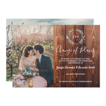 rustic leaves wood monogram wedding cancellation invitation