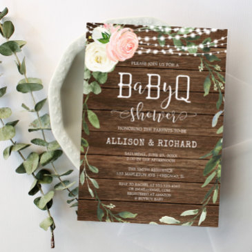 rustic lights pink greenery girl bbq baby shower invitation
