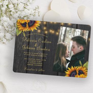 rustic lights sunflower wood photo wedding invitation