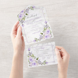 Small Rustic Lilac Lavender Gold Marble Floral Wedding All In One Invitation Front View