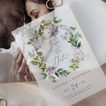 rustic lilac purple floral wedding save the date vellum invitations