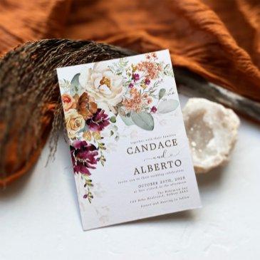 rustic maroon rust orange botanical floral wedding invitation
