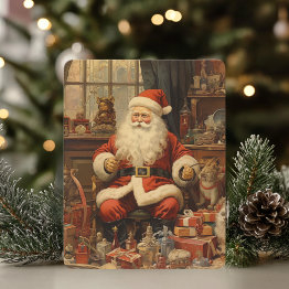 Small Rustic Merry Christmas With Santa Clause Holiday Invitations Front View