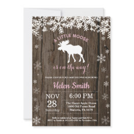 Small Rustic Moose Winter Snowflake Girl Baby Shower Invitation Front View
