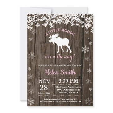 rustic moose winter snowflake girl baby shower invitation