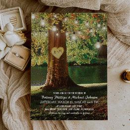 Small Rustic Mountain Lake Twinkle Lights Wedding Invitation Front View