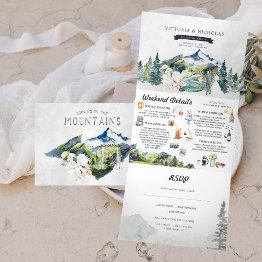 Small Rustic Mountain River Forest | Illustrated Wedding Tri-fold Invitation Front View