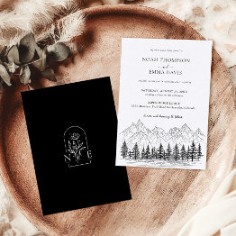 Small Rustic Mountain Sketch Woodland Pine Black Wedding Invitation Front View