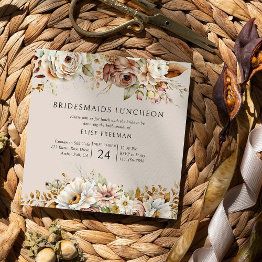 Small Rustic Neutral Brown Floral Bridesmaids Luncheon Invitation Front View