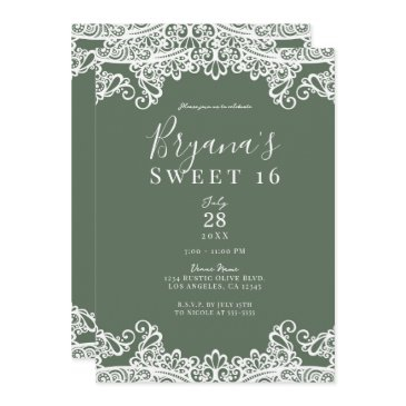 rustic olive & white lace elegant sweet 16 party  invitation