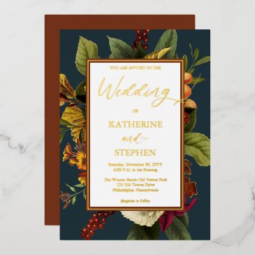 rustic orange | red floral bouquet teal wedding in foil invitation